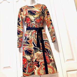 Liberty Circle Vintage-70's-7-Women's Long Sleeve Belted Fitted Dress-Navy/Gold